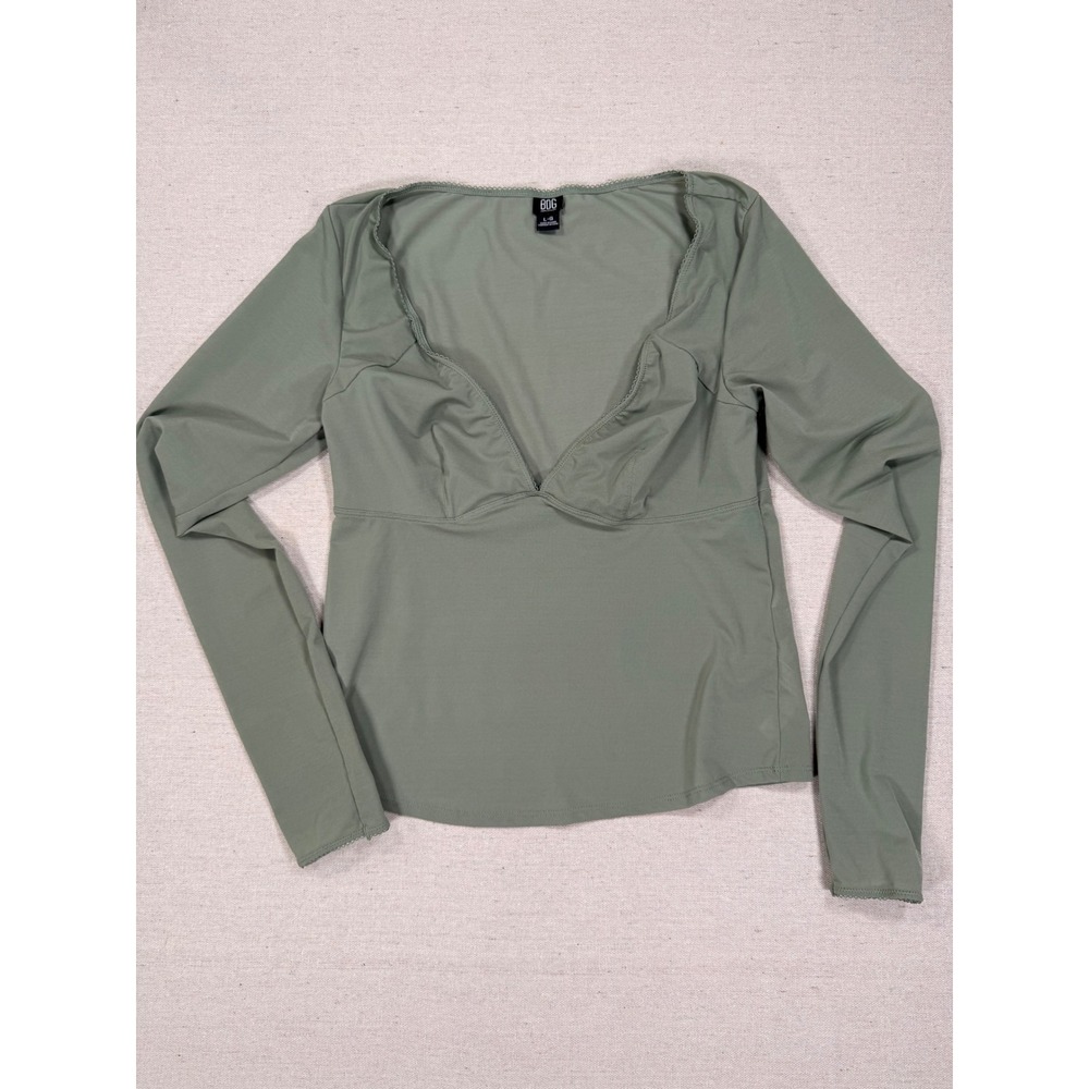 BDG Urban Outfitters Women Green Mesh Long Sleeve V-Neck Lace Trim Top Large